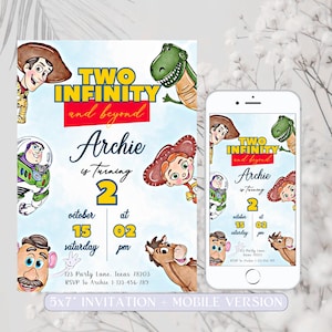 Bearbeitbare Toy Story-Geburtstags-Einladung, Toy Story-Kinder-Geburtstags-Party, Buzz Light Woody Two Infinity-Geburtstags-Einladung, Vorlage Canva