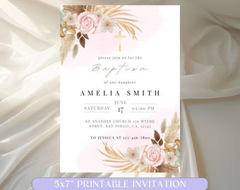 BOHO Blush Baptism Invitation Template, Electronic Baptism Phone, Pampas Grass Digital Invite Christening, EDITABLE Printable Baptism Evite