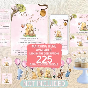 May include: Winnie the Pooh themed baby shower invitation set with pink and white colors. The set includes a thank you card, a diaper raffle card, a printable invitation, and a digital invitation. The set also includes a banner that says "It's a Girl!" and a banner that says "Matching Items Available! Links in the Description! 225 Baby Shower Bundle".
