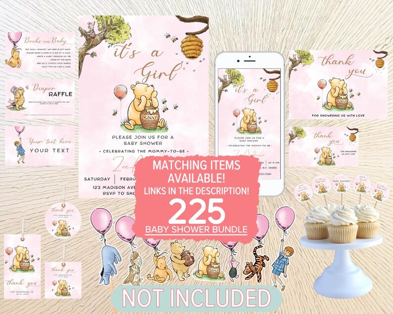 May include: Winnie the Pooh themed baby shower invitation set with pink and white colors. The set includes a thank you card, a diaper raffle card, a printable invitation, and a digital invitation. The set also includes a banner that says "It's a Girl!" and a banner that says "Matching Items Available! Links in the Description! 225 Baby Shower Bundle".