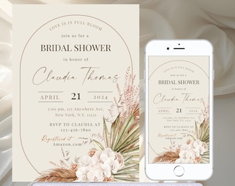 Boho Pampas Bridal Shower Invitation Template (Digital Download)