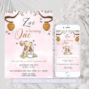 Editable Winnie the Pooh Birthday Invitation, Winnie Pooh Invitation, Girl First Birthday Digital File, Winnie Template Instant Download