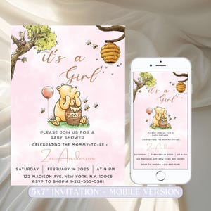 Editable Winnie The Pooh Baby Shower Invitation, Pink Winnie The Pooh Invitation, Digital Invitation Its a Girl, Pooh Printable Template. S2