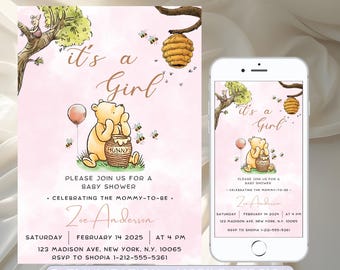 Editable Winnie The Pooh Baby Shower Invitation, Pink Winnie The Pooh Invitation, Digital Invitation Its a Girl, Pooh Printable Template. S2