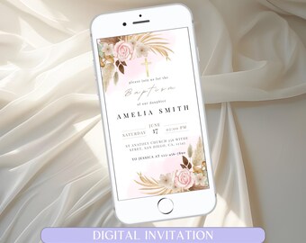 BOHO Blush Baptism Invitation Template, Electronic Baptism Phone, Pampas Grass Digital Invite Christening, EDITABLE Printable Baptism Evite