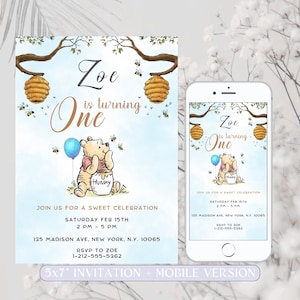 Invito di compleanno modificabile Winnie the Pooh, invito Winnie Pooh, file digitale per il primo compleanno di un bambino, modello blu da scaricare immediatamente Canva