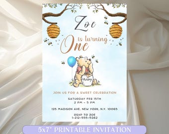 Editable Winnie the Pooh Birthday Invitation, Winnie Pooh Invitation, Boy First Birthday Digital File, Blue Template Instant Download Canva