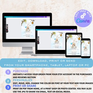 May include: Editable baby shower invitation template featuring a Winnie the Pooh inspired design with a blue and yellow colour scheme. The text reads "It's a Boy!" and includes a cute illustration of Winnie the Pooh holding a balloon. The template is available for editing in Canva.