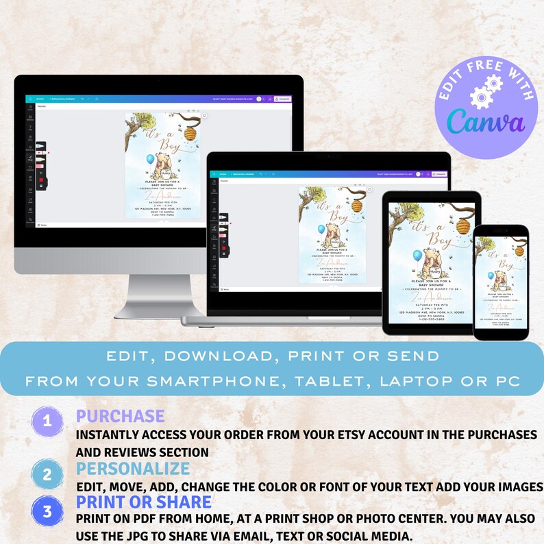 May include: Editable baby shower invitation template featuring a Winnie the Pooh inspired design with a blue and yellow colour scheme. The text reads "It's a Boy!" and includes a cute illustration of Winnie the Pooh holding a balloon. The template is available for editing in Canva.
