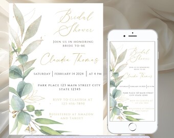 Greenery Bridal Shower Invitation Template, Invitation, Eucalyptus Bridal Shower Invitation, Printable Greenery Bridal Shower Digital Invite