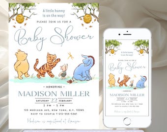 Invitación para baby shower de Winnie Pooh, fiesta de baby shower de niño con Winnie Pooh, invitación clásica para baby shower de Winnie Pooh, editable e imprimible.