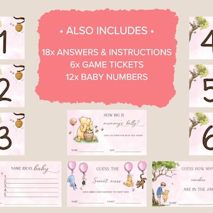 May include: Pink and white baby shower game cards with Winnie the Pooh and Tigger characters. The cards include games like "How big is mommy's belly?", "Guess the sweet mess", and "Guess how many candies are in the jar?"