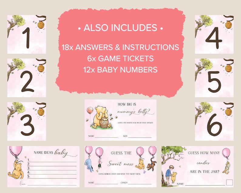 May include: Pink and white baby shower game cards with Winnie the Pooh and Tigger characters. The cards include games like "How big is mommy's belly?", "Guess the sweet mess", and "Guess how many candies are in the jar?"