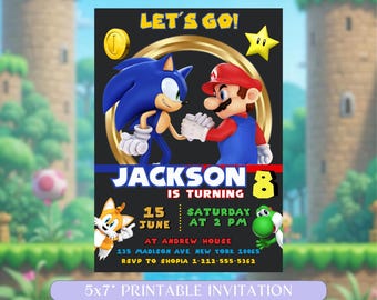 Sonic & Mario Geburtstagseinladung, Double Theme einladen, Mario Geburtstagseinladung, Sonic Einladung, Dual Invite, bearbeitbare druckbare Canva