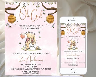 Winnie the Pooh Baby Shower Invitation, Pink Winnie The Pooh Invitation For Girl, Winnie Pooh Oh Girl E-vite, Editable Printable Template