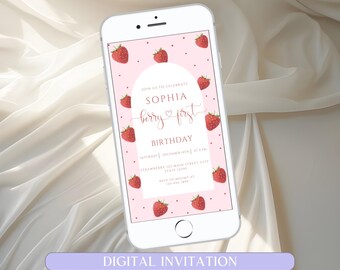 Berry First Birthday Invitation: Editable Strawberry Theme (Digital)