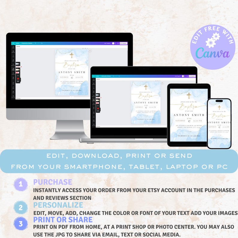 May include: Editable digital invitation for a baptism. The invitation features a blue watercolor background with gold accents and a cross. The text on the invitation reads "Baptism of Antony Smith".