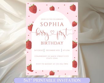 Berry First Birthday Invitation: Editable Strawberry Theme (Digital)