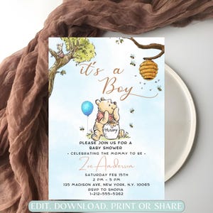 Editable Winnie The Pooh Baby Shower Invitation, Winnie Pooh Invitation Its A Boy Pooh Invite Blue Evite Printable Template Instant Download image 2