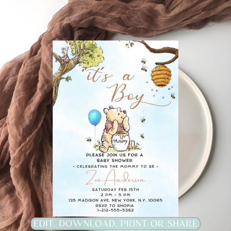 Editable Winnie The Pooh Baby Shower Invitation, Winnie Pooh Invitation Its A Boy Pooh Invite Blue Evite Printable Template Instant Download image 2