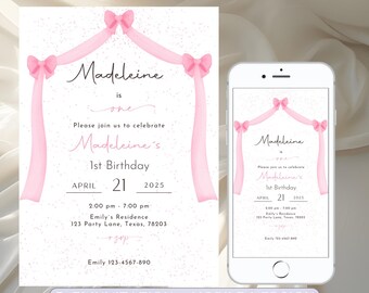Pink Bow 1st Birthday Invitation, Pink Coquette Bow 1st Birthday Invitation, Baby Girl Invite Editable Coquette Bow First Birthday Printable