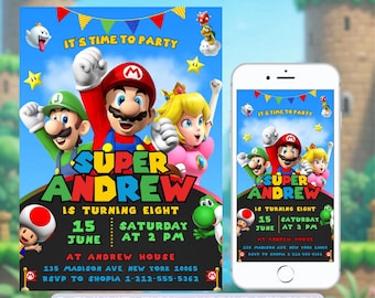 Editable Mario Bros Invitation, Super Mario Birthday Invitation, Super Brothers Boy Invite, Mario Kid Invite, Video Game, Printable Canva