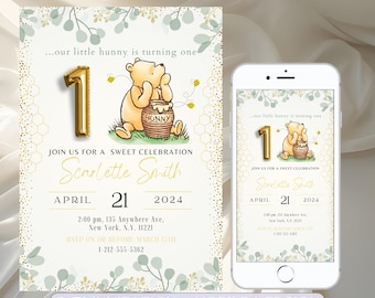 Editable Winnie the Pooh Birthday Invitation, Boys Girls First Birthday Invite Digital File Template