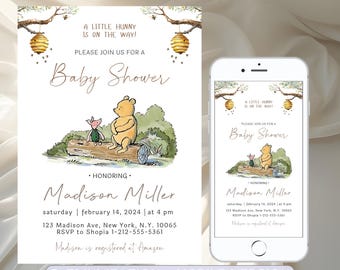 Invitación editable para baby shower de Winnie the Pooh, invitación digital Oh Boy, invitación de Winnie the Pooh, plantilla imprimible de Pooh, bebé Pooh
