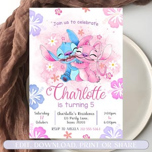 Stitch and Angel Birthday Invitation, Editable Stitch Invitation, Digital Party Invite, Stitch Birthday Party Invitation Printable image 2