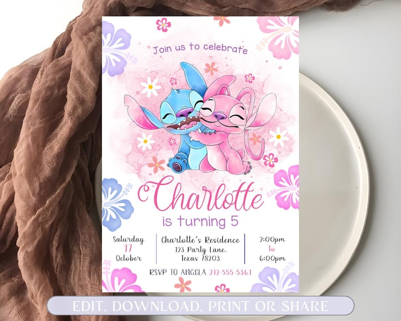 Stitch and Angel Birthday Invitation, Editable Stitch Invitation, Digital Party Invite, Stitch Birthday Party Invitation Printable image 2