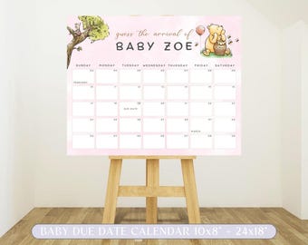 Winnie The Pooh Baby Due Date Calendar, Classic Winnie Predictions Sign, Baby's Birth Date Game, Pooh Bear Baby Shower Due Date Calendar. S2