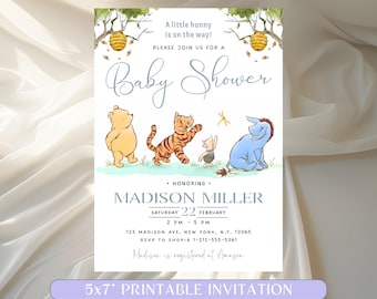 Invitación para baby shower de Winnie Pooh, fiesta de baby shower de niño con Winnie Pooh, invitación clásica para baby shower de Winnie Pooh, editable e imprimible.