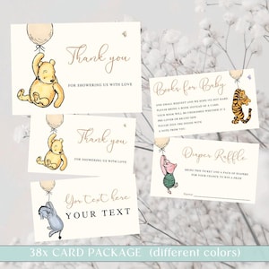 Klassieke Winnie de Poeh-bedankkaart. Bewerkbare Winnie de Poeh-boeken voor baby. Kaartpakket afdrukbaar. Babyshowercadeaus Luierloterij. S1