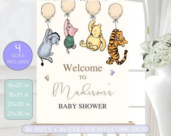 Panneau de bienvenue MODIFIABLE pour la baby shower Winnie l'ourson. Décorations classiques pour baby shower de Winnie l'ourson. Vintage Ourson - Décoration neutre neutre imprimable S1