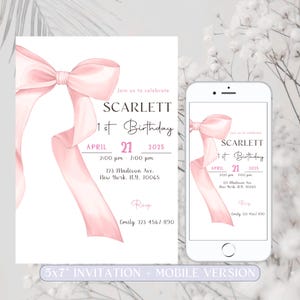 Rosa Schleife 1.Geburtstags-Einladung: Coquette Girl Invite (Digital)