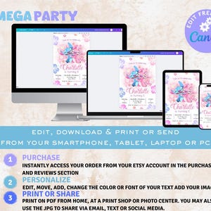 May include: Editable digital invitation for a birthday party. The invitation features a cartoon Stitch character with pink flowers and the text "Charlotte is turning 5". The invitation is available for download and printing from a smartphone, tablet, laptop or PC.