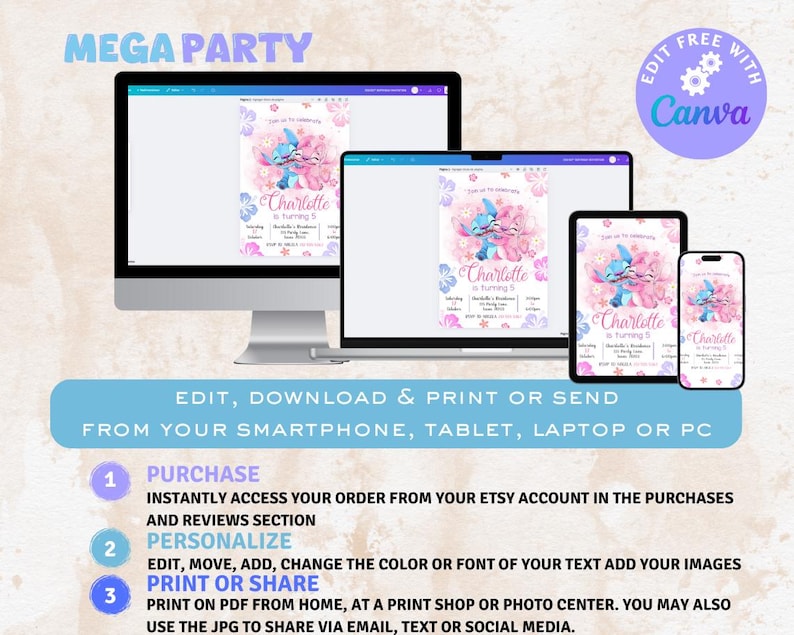 May include: Editable digital invitation for a birthday party. The invitation features a cartoon Stitch character with pink flowers and the text "Charlotte is turning 5". The invitation is available for download and printing from a smartphone, tablet, laptop or PC.