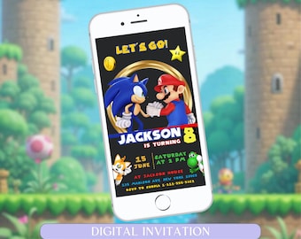 Sonic & Mario Geburtstagseinladung, Double Theme einladen, Mario Geburtstagseinladung, Sonic Einladung, Dual Invite, bearbeitbare druckbare Canva