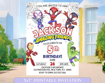 Spidey Birthday Invitation, Spidey and Amazing Friends Birthday Invitation, Editable Superhero Watercolor Mobile Invite, Printable Template
