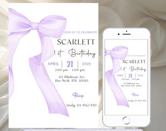 Lilac Bow 1st Birthday Invitation, Lilac Coquette Bow Invitation 1st Birthday Girl Invite, First Birthday Girl, Bow Evite Template Printable