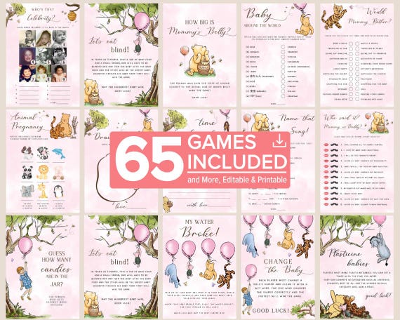 Editable Winnie The Pooh Baby Shower Games Bundle. Winnie Bear Digital Games. Pink Girl Party Games. Winnie Pooh Bingo Games Printable. S2