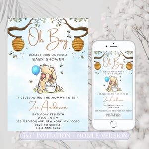 Invito modificabile per baby shower Winnie The Pooh, invito Winnie Pooh, invito Oh Boy Pooh, modello stampabile blu da scaricare all'istante