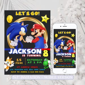 Sonic & Mario Geburtstagseinladung, Double Theme einladen, Mario Geburtstagseinladung, Sonic Einladung, Dual Invite, bearbeitbare druckbare Canva