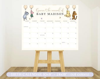 Classic Winnie The Pooh Predictions Sign Colorful Balloons, Winnie Birth Calendar, Baby Shower Due Date Calendar, Baby's Birth Date Game. S1