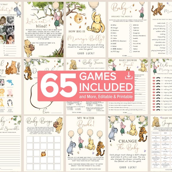 Editable Winnie The Pooh Baby Shower Games Bundle. Gender Neutral Winnie Pooh Games, Winnie Bear Digital Games. Girl Boy Games Printable. S1