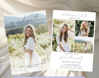 Modernt examenskort, redigerbar examensfestinbjudan, examenskort med flera foton, minimalistiskt tillkännagivandekort för seniorer