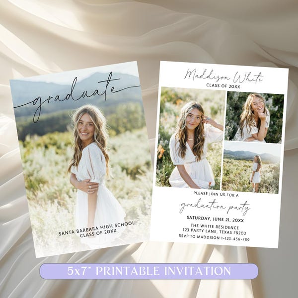 Modern Graduation Announcement Card, Editable Graduation Party Invite, Multiple Photo Graduation Card, Minimalist Senior Announcement Card