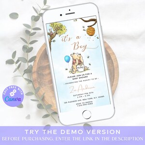 May include: A Winnie the Pooh themed baby shower invitation with a blue background and a cartoon image of Winnie the Pooh holding a jar of honey. The text reads "It's a Boy" and includes details for the baby shower, including the date, time, location, and RSVP information.