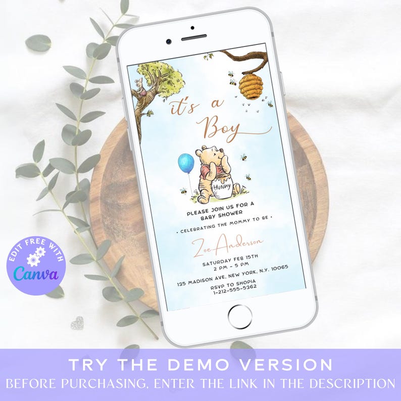 May include: A Winnie the Pooh themed baby shower invitation with a blue background and a cartoon image of Winnie the Pooh holding a jar of honey. The text reads "It's a Boy" and includes details for the baby shower, including the date, time, location, and RSVP information.