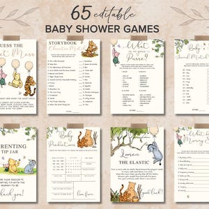 May include: A set of printable baby shower games featuring Winnie the Pooh characters. The games include "Guess the Sweet Mess", "Storybook Character Match", "What's in Your Purse?", "Baby Journal Match", "Parenting Tip Jar", "Baby Predictions", "Loosen the Elastic", and "What Did Mommy Say?"
